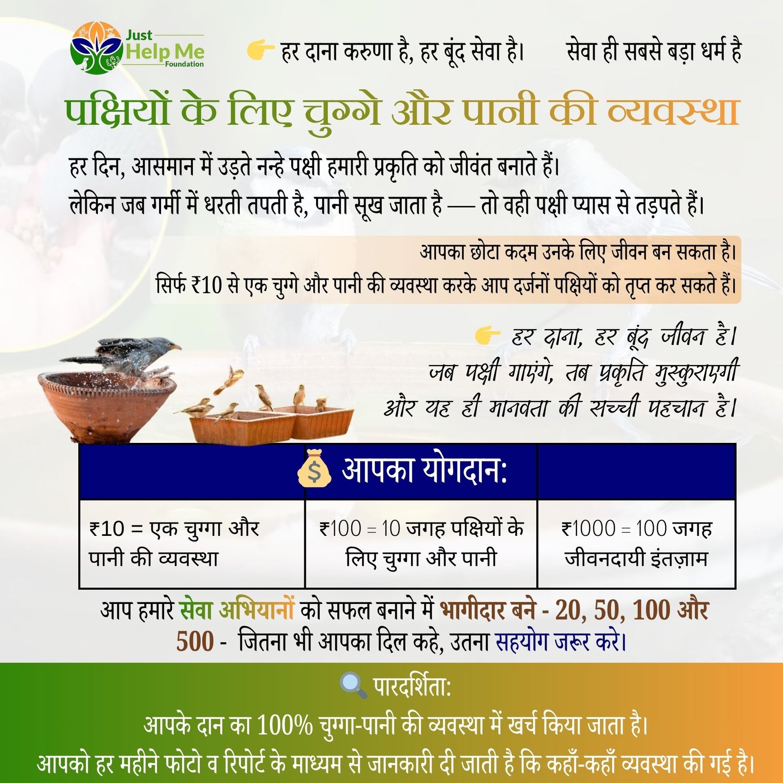 पक्षियों के लिए चुग्गे और पानी की व्यवस्था